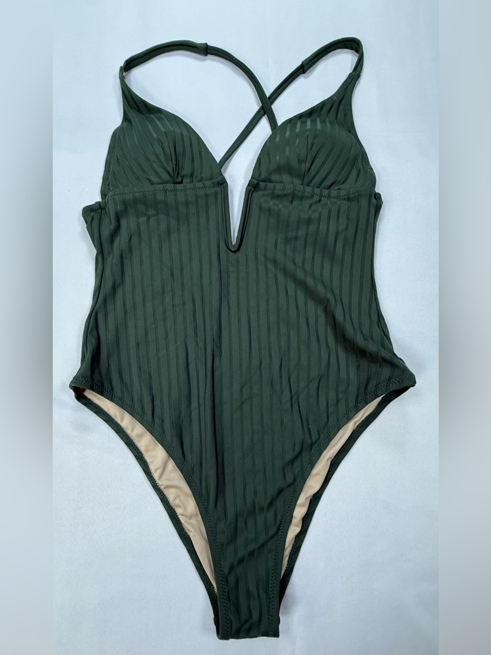 Shade & Shore Dark Green Ribbed One-Piece Swimsuit